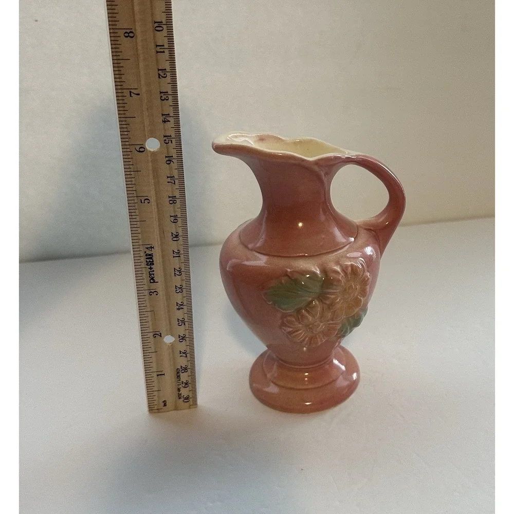 Vintage USA Pottery Pink Floral Ewer Pitcher Vase Embossed Flowers Art Pottery